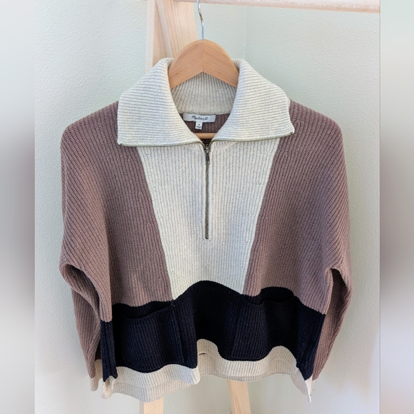 Madewell Tricolor Half-Zip Wool Sweater In Ivory/Mauve/Black - Picture 3 of 10